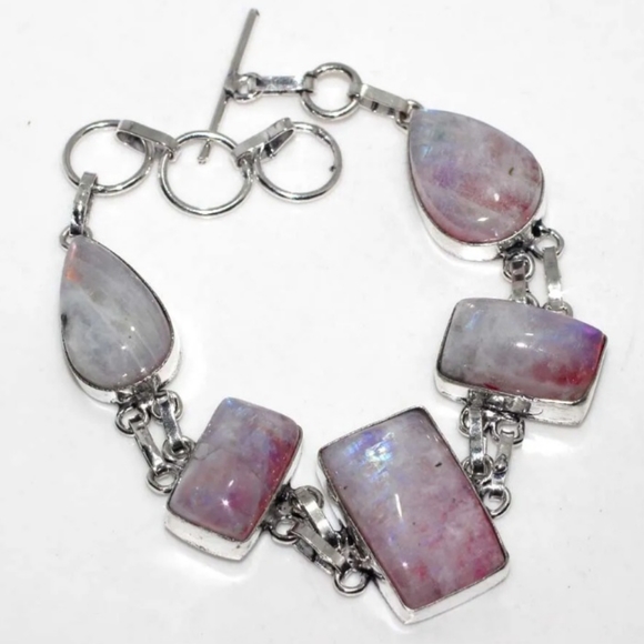 None Jewelry - Rainbow Moonstone Silver Link Rectangle Teardrop Adjustable Bracelet